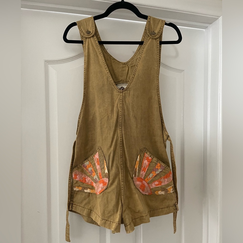 Chasing Unicorns Tan Waiting for the Sun overalls with Embroidered Detail